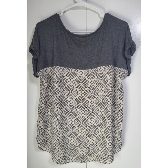 KNOX ROSE Women's SZ LG Short Sleeve Geometric Print Blouse Cream Gray - Picture 2 of 9